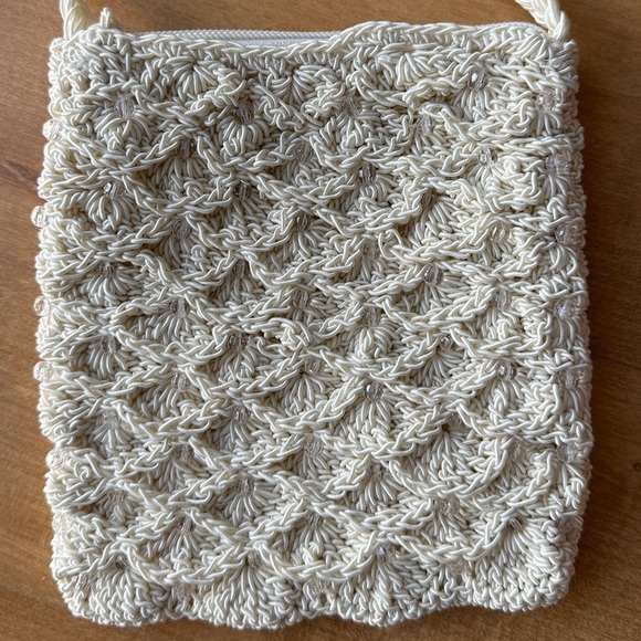 Vintage Square Beaded Woven Crossbody Bag, Cream - Picture 3 of 11